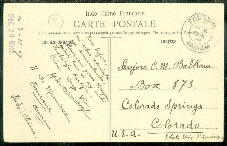 EDW1949SELL : INDOCHINA 1909 Indochina postcard to USA Annam postmark.