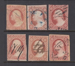 US #11s and 11As 6x 3c Washington  (Used group)  cv$90.00