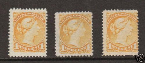 Canada Sc 35/35v MNG. 1870 1c yellow QV, 3 diff shades, nice group.