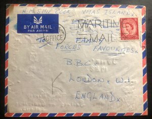 1958 HM ship Cook British Navy In Christmas Island Cover To London England