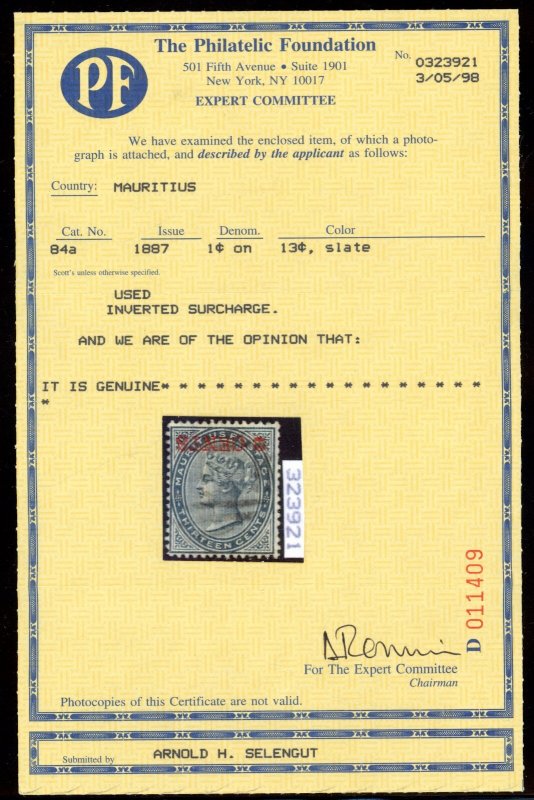 Mauritius 1887 RARE Inverted Surcharge Sc# 84a, SG# 117a VF/XF Used w/ 1998 PFC