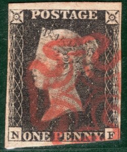 GB PENNY BLACK QV 1840 Stamp SG.2 1d Plate 4 (NF) Used Red MX Cat £425- REDB149