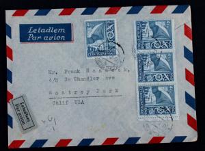 Stamp Czechoslovakia Sc# 324 Strip of 3 + 1 on Air Mail Cover To USA 1947