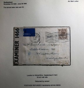 1941 London England Censored Cover To  Winterhtur Switzerland Postage Refunded