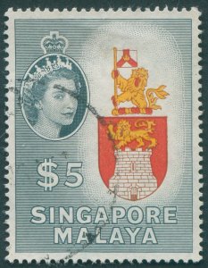 Singapore 1955 $5 yellow, red, brown & slate-black SG52 used