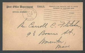 1941 U.S.Post Office Dept Official Business Card Form #21 From Chatham See Info