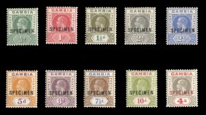 Gambia #87-96S Cat$240, 1921-22 George V, complete set, overprinted Specimen,...