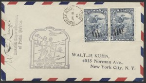 1935 Flight Cover Norway House to Winnipeg MAN #208 3c Cartier Pair AAMC 3505e