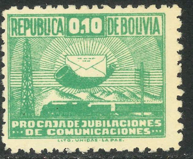 BOLIVIA 1948 10c Emerald Post Horn and Letter POSTAL TAX STAMP Sc RA8 MH