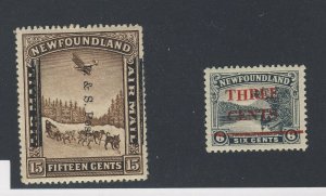 2x Newfoundland Stamps #160iii-3c/6c & #211ii-15c OP Shifted Guide Value = $110