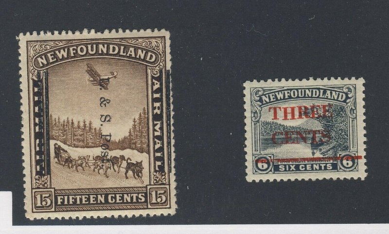 2x Newfoundland Stamps #160iii-3c/6c & #211ii-15c OP Shifted Guide Value = $110