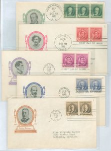 US 884-888 1940 Artists (famous American series) set of five on five addressed FDC with matching loor cachets.