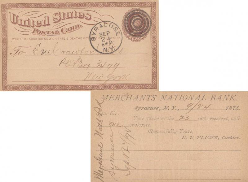 United States New York Syracuse 1874 target  1c Brown Postal Card  Reverse co...