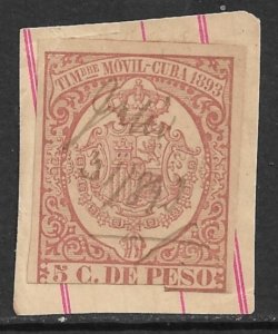 CUBA 1893 5c General Duty Timbre Movil Revenue CG12 Used on Piece