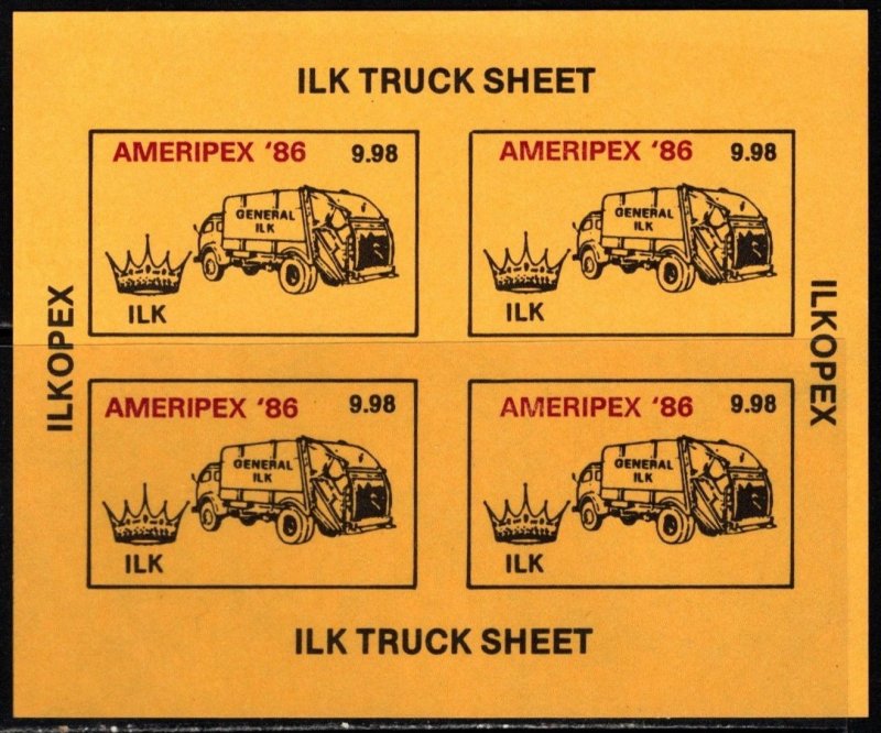 1986 US Poster Stamp AMERIPEX '86 ILK Truck Sheet Royal Order of Ilks