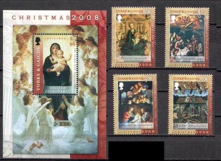 2008	Turks and Caicos	Christmas paintings art set+s/s MNH 	583