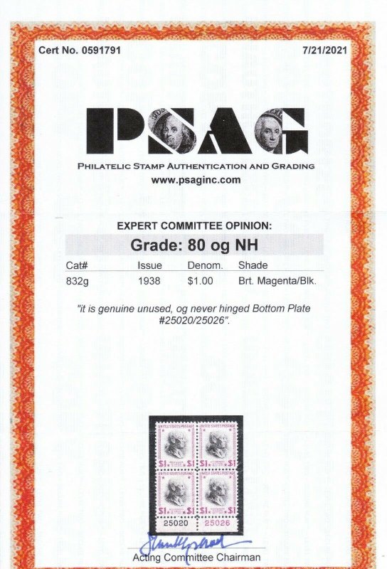 MOstamps - US #832g Mint OG NH PB Grade 80 with PSAG cert-Lot # MO-3091 SCV $400