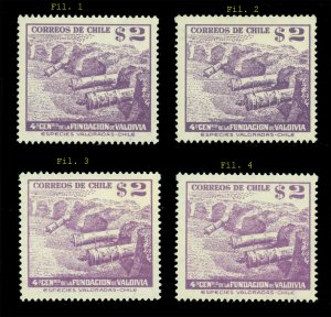 CHILE 1953 VALDIVIA Cent. - Fuerte Niebla $2 violet -  Fil.1, 2, 3 & 4  MNH/LH R