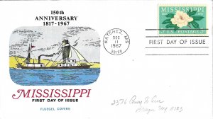 1967 FDC, #1337, 5c Mississippi Statehood 150th, Fluegel Covers