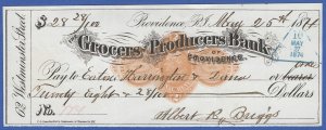 US 1874 2c Used Bank Check, Sc RN-D1, Grocers & Producers Bank, Providence, RI