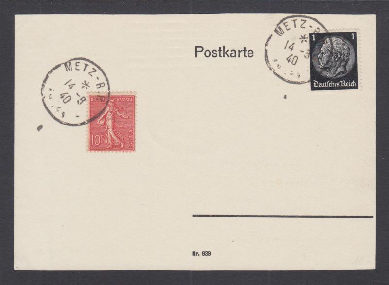 France 138, Germany 415 on 1940 Postal Card, METZ (Lorraine) cancels tie.