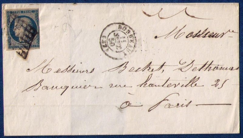 FRANCE (1850) Sc #6 Postal Cover Sur Lettre Paris, Rare Cancellation F-VF