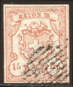 SWITZERLAND #11 Used - 1852 15r Vermilion