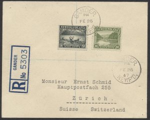 1947 Newfoundland Registered Cover Gander to Switzerland #138 Caribou Crossing