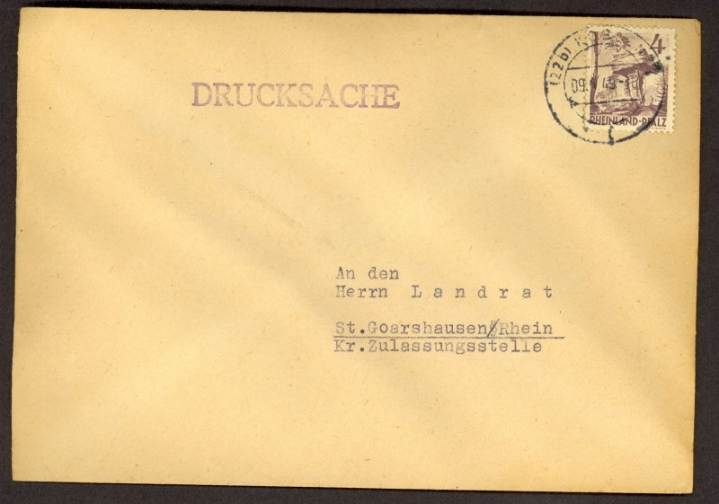 GERMANY RHINE PALATINATE FRENCH ZONE 1949 4pf Sc 6N31 KOBLENZ Printed Matter Cvr