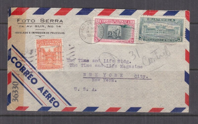 GUATEMALA,1944 censored airmail cover, Guatemala City to USA, 1c., 3c., 30c. 