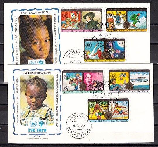 Central Africa, Scott cat. 376-9, C206-7. Year of Child. 2 First Day Covers. ^