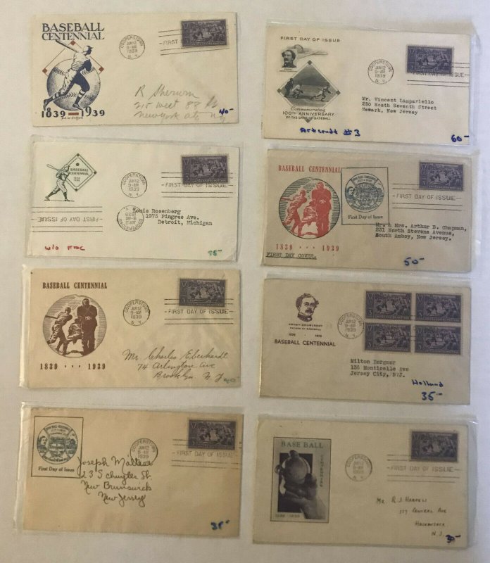 Group of 8 #855 3ct baseball cacheted FDC [y4375]