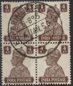 India 176 (used block of 4, experimental cancel) 4a George VI, choc (1941)