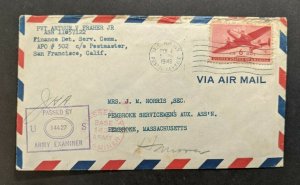 1943 US APO 502 New Caledonia Censored Airmail Cover to Pembroke MA USA