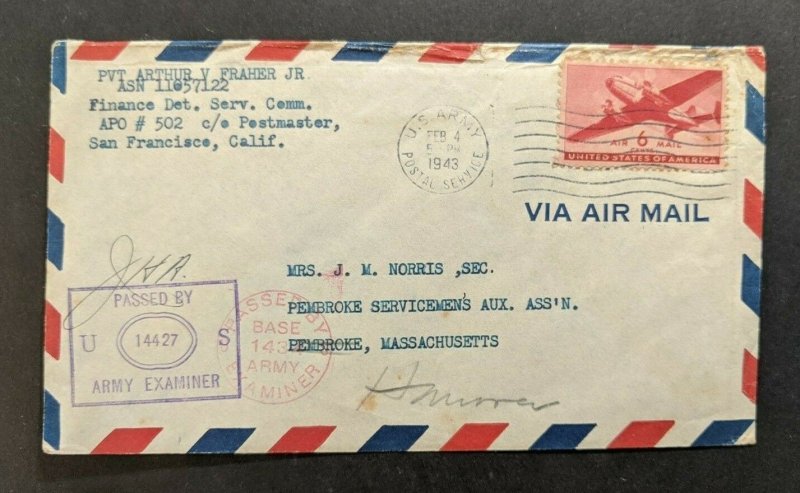 1943 US APO 502 New Caledonia Censored Airmail Cover to Pembroke MA USA