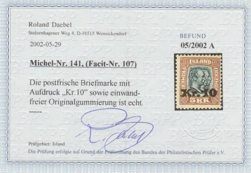 Iceland #143 NH Mint **With Certificate**