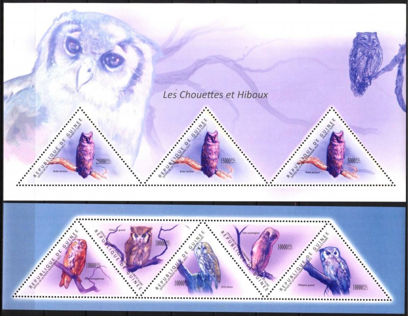 Guinea 2011 Birds Owls (2) sheet + S/S MNH