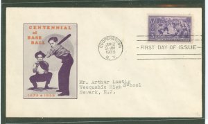 US 855 1939 3c Baseball Centennial (sports) on a typed addressed FDC with an Ioor cachet