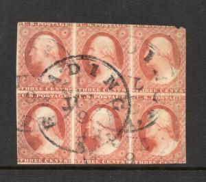 #11A - 3 cent Washington of 1851 - BLOCK OF 6 - Reading PA Cancel, 8-18L5L