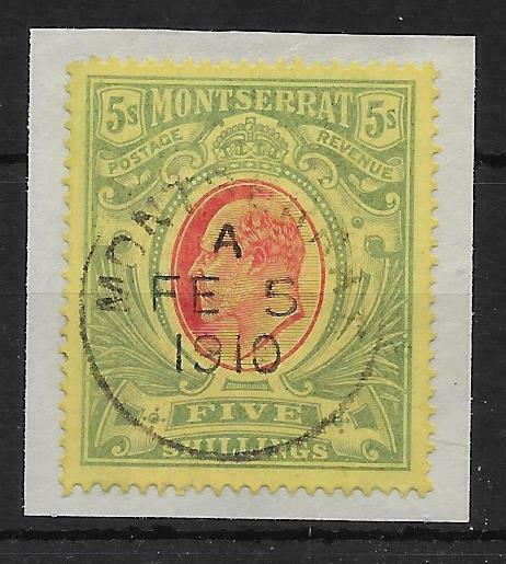 MONTSERRAT SG47 1909 5/= RED & GREEN/YELLOW FINE USED ON PIECE