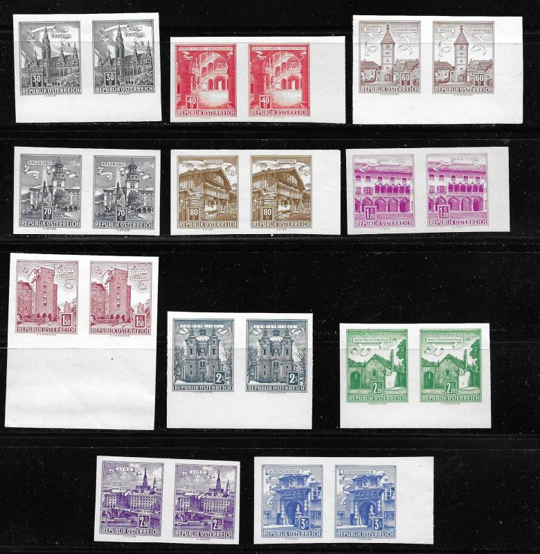 Austria, 688-95, 697-98, 700 (11v), Various Designs IMPERF pairs MNH (BB)