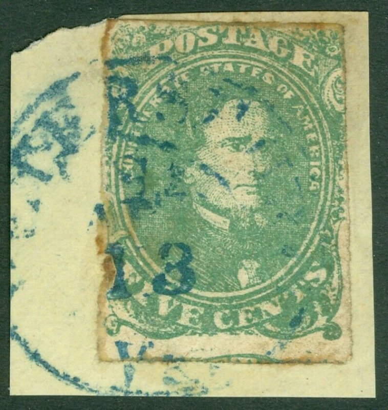 EDW1949SELL : CONFEDERATE 1861 Sc #1 Used on piece. Blue town cancel. Cat $185++