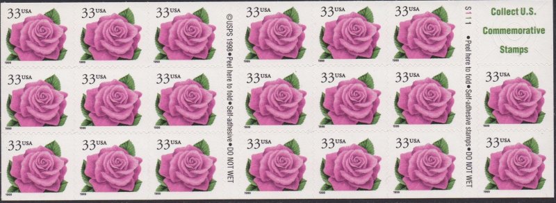 3052d Pink Rose Booklet Pane MNH