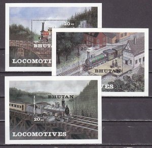 Bhutan, Scott cat. 429-431. Three Locomotive s/sheets.