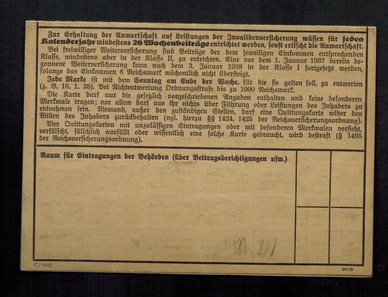1941 Germany Berlin Police Man Insurance Registration CArd with Revenue Stamps