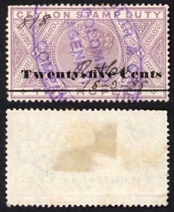 Ceylon BF79 Twenty-five Cents/bar on 2R lilac Stamp Duty