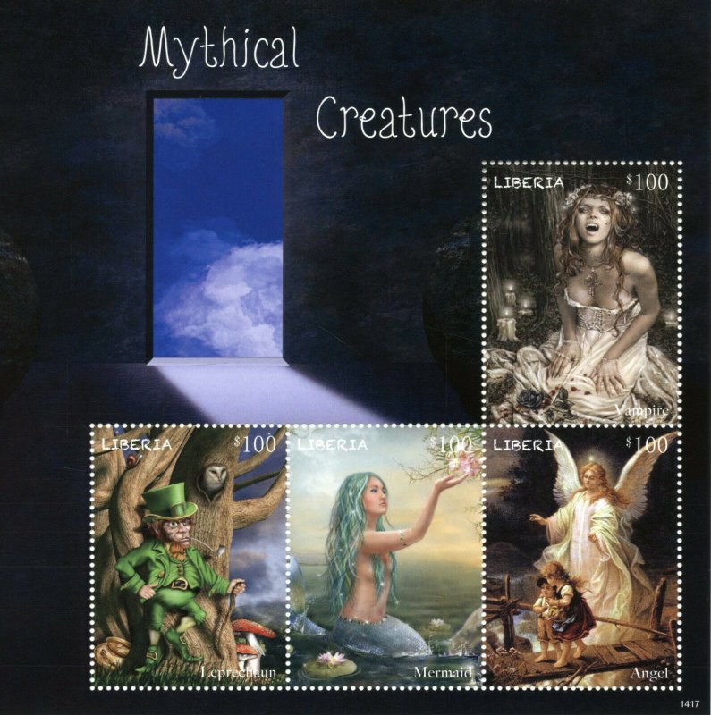 Liberia Stamps 2014 MNH Mythical Creatures Mermaids Leprechaun Vampires 4v M/S