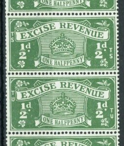 GB KGV EXCISE REVENUE Stamps ½d Green (1934) STRIP OF 4 TR-TV Mint UM MNH SS2573