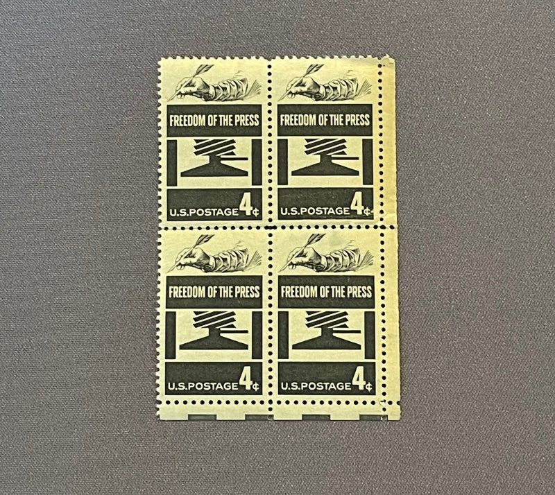 1119, 4c Freedom of Press, Block of 4, Unused, Discoloration, CV $2.20