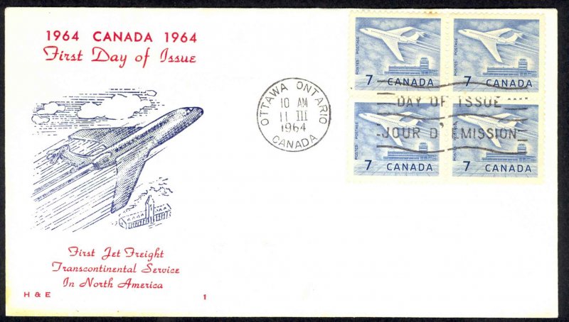 Canada Sc# 414 (H&E cachet) FDC block/4 (e) (Ottawa, ON) 1964 3.2 Jet Plane